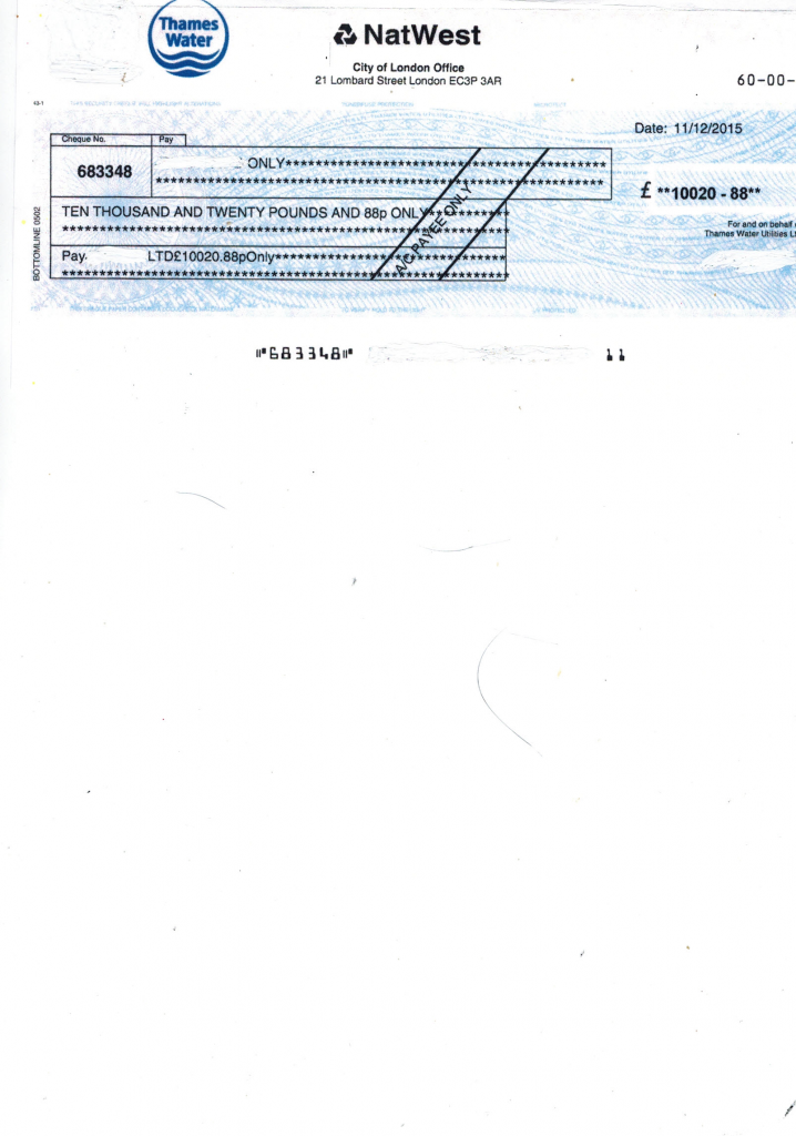 Water bill overcharge rebate cheque