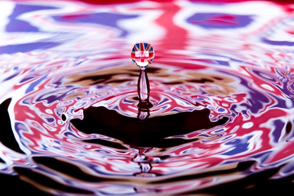 English flag in water droplet - water trading