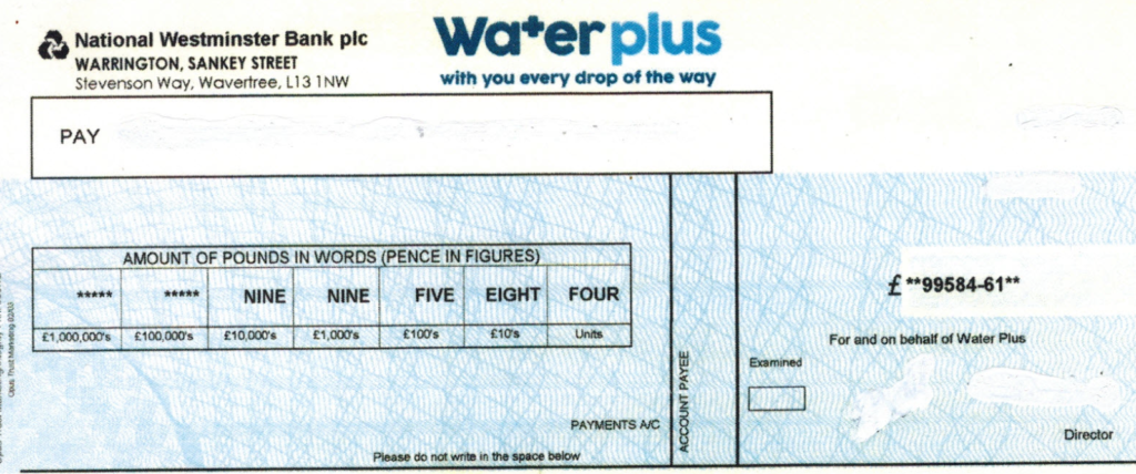 Water Company refund cheque - H2O Building Services - Water Audit 